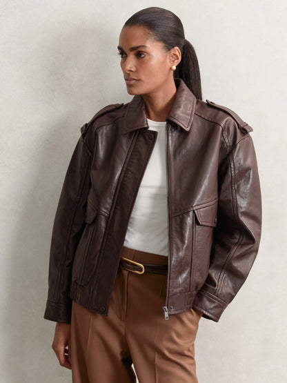 Reiss Popular Choice - Oversized Leather Jacket in Aubergine