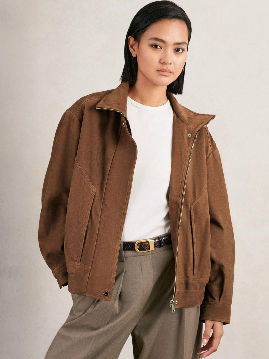 Reiss Affordable - Suede Funnel-Neck Bomber Jacket in Tan