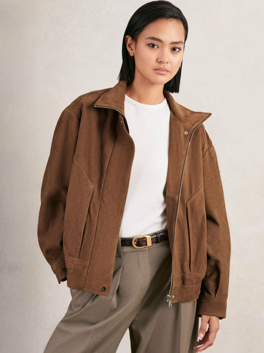 Reiss Affordable - Suede Funnel-Neck Bomber Jacket in Tan