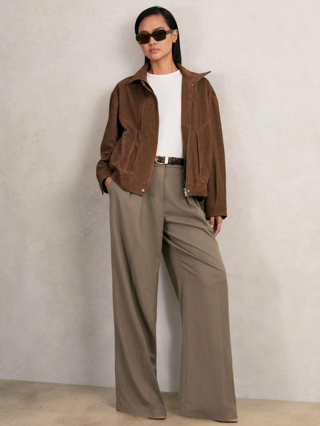 Reiss Affordable - Suede Funnel-Neck Bomber Jacket in Tan