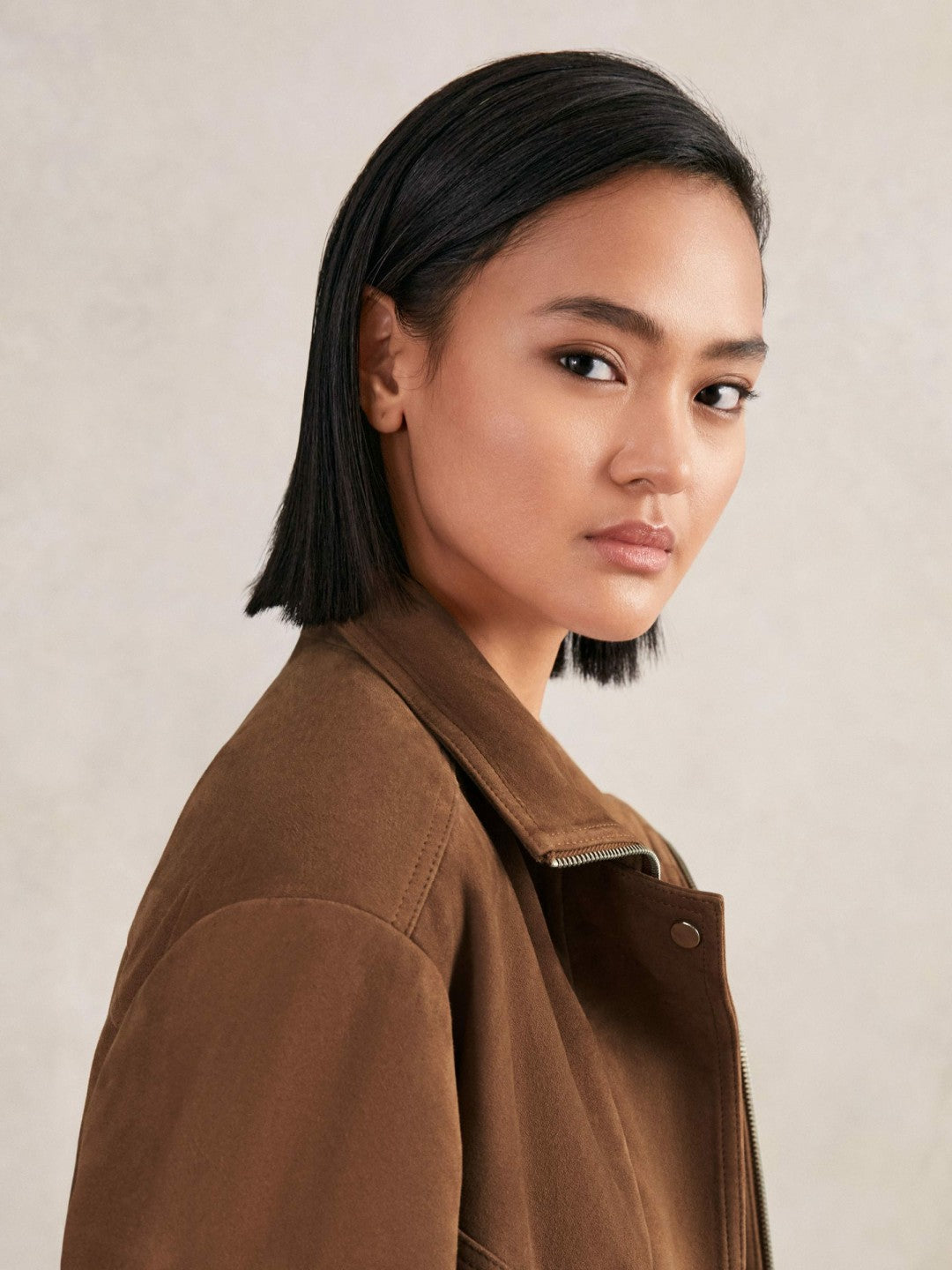 Reiss Affordable - Suede Funnel-Neck Bomber Jacket in Tan