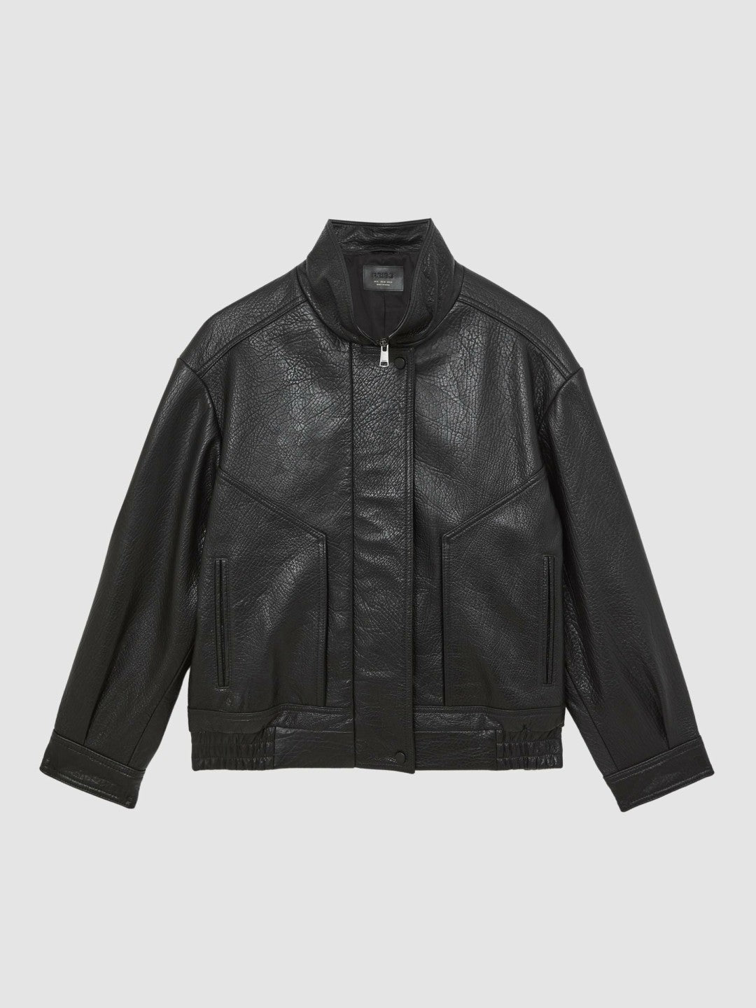 Reiss Featured - Oversize Grained-Leather Bomber Jacket in Black