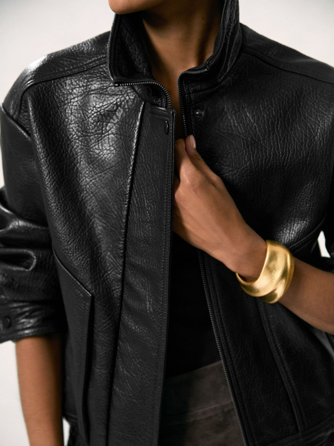 Reiss Featured - Oversize Grained-Leather Bomber Jacket in Black