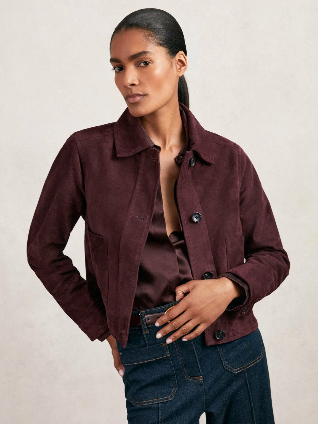 Reiss Value - Suede Button Through Jacket in Burgundy