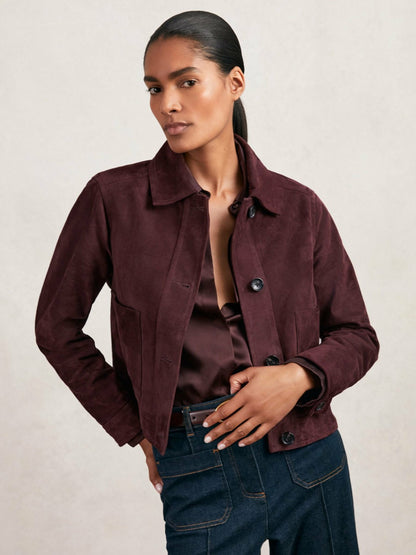 Reiss Value - Suede Button Through Jacket in Burgundy