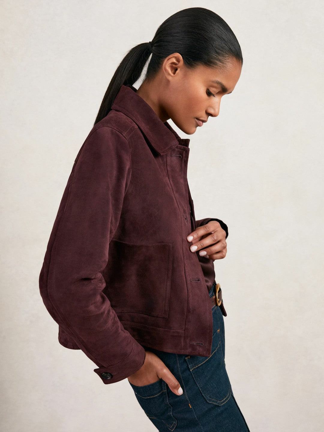 Reiss Value - Suede Button Through Jacket in Burgundy