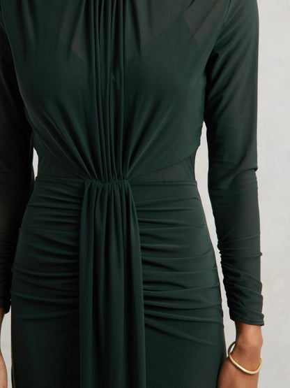 Reiss Petite Ruched Long-Sleeve Maxi Dress in Dark Green