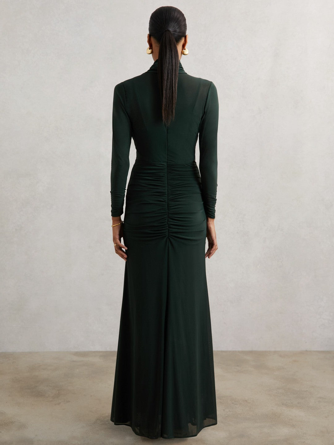 Reiss Petite Ruched Long-Sleeve Maxi Dress in Dark Green