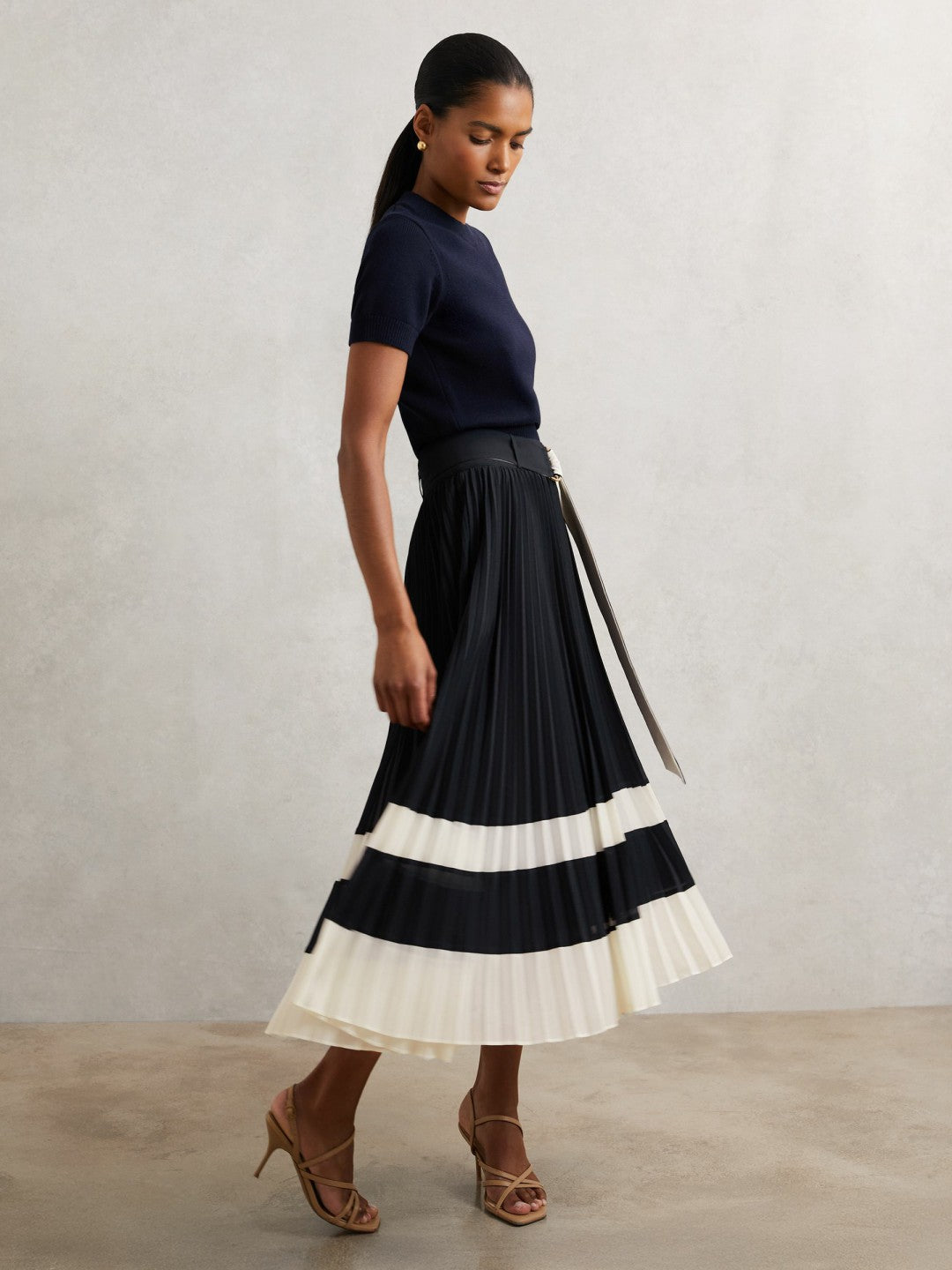Reiss Featured - Belted Pleated Midi Skirt in Navy/Ivory