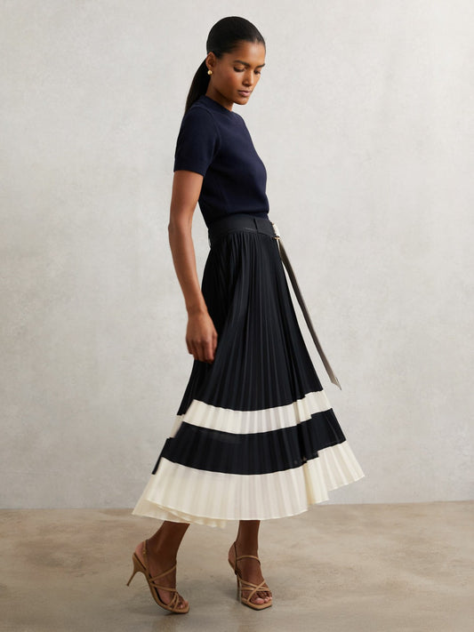 Reiss Featured - Belted Pleated Midi Skirt in Navy/Ivory