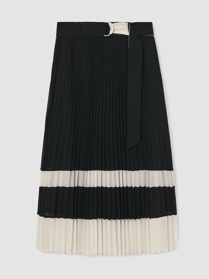 Reiss Featured - Belted Pleated Midi Skirt in Navy/Ivory