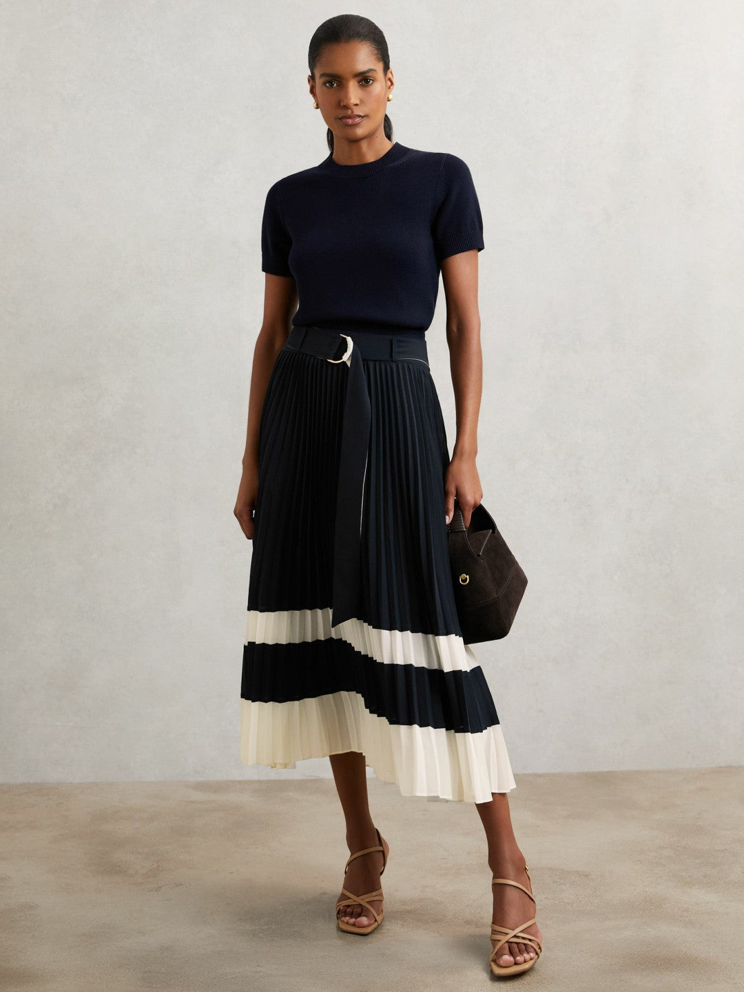 Reiss Featured - Belted Pleated Midi Skirt in Navy/Ivory
