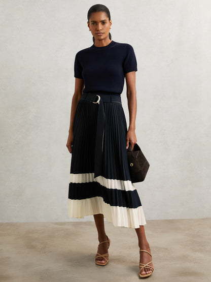 Reiss Featured - Belted Pleated Midi Skirt in Navy/Ivory