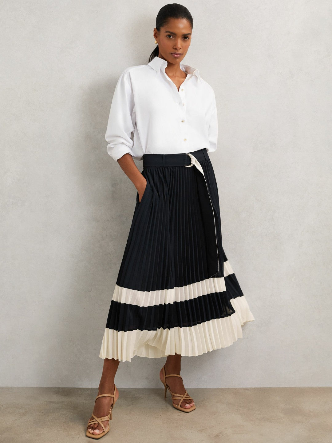 Reiss Featured - Belted Pleated Midi Skirt in Navy/Ivory