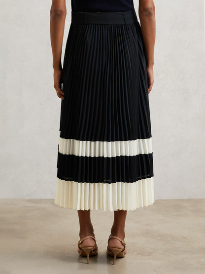 Reiss Featured - Belted Pleated Midi Skirt in Navy/Ivory