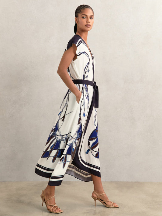 Reiss Sale - Scarf-Print V-Neck Belted Midi Dress in Blue/Brown