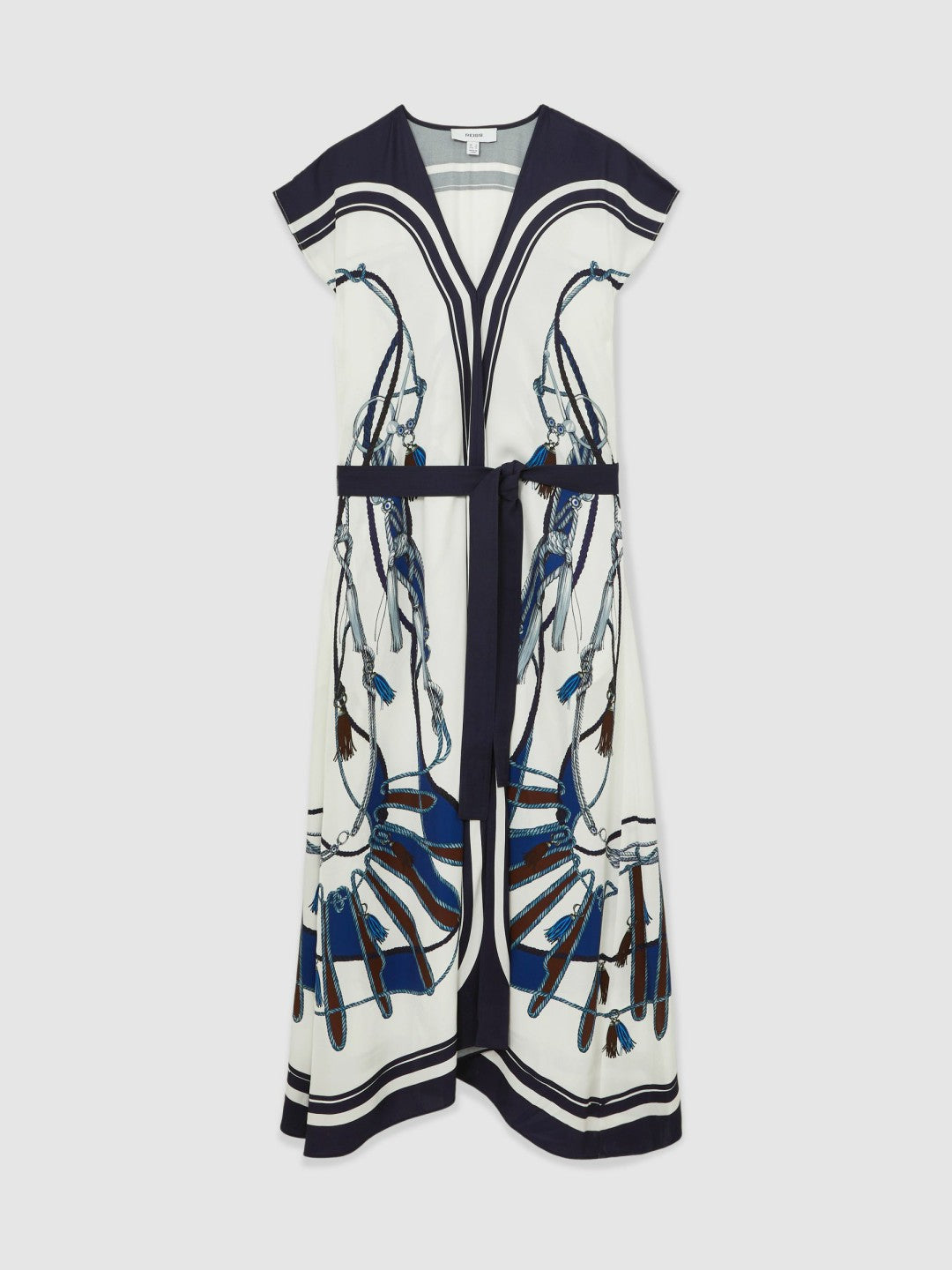 Reiss Sale - Scarf-Print V-Neck Belted Midi Dress in Blue/Brown