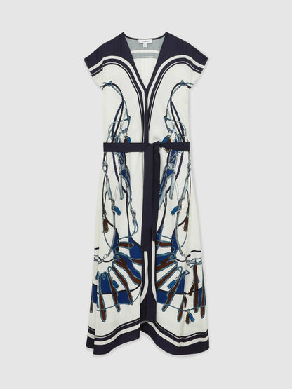 Reiss Sale - Scarf-Print V-Neck Belted Midi Dress in Blue/Brown