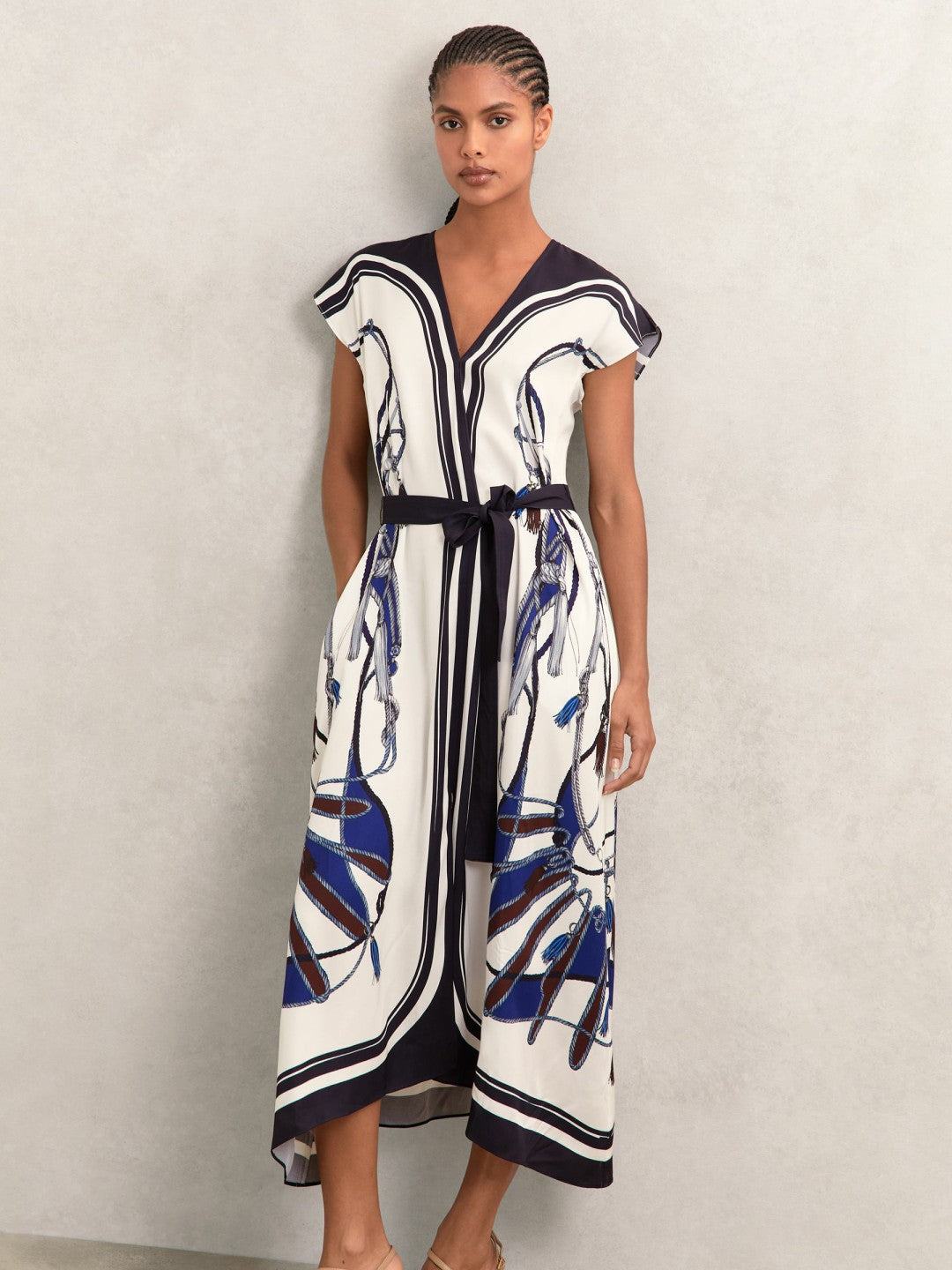 Reiss Sale - Scarf-Print V-Neck Belted Midi Dress in Blue/Brown