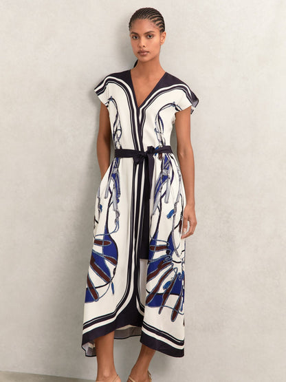 Reiss Sale - Scarf-Print V-Neck Belted Midi Dress in Blue/Brown