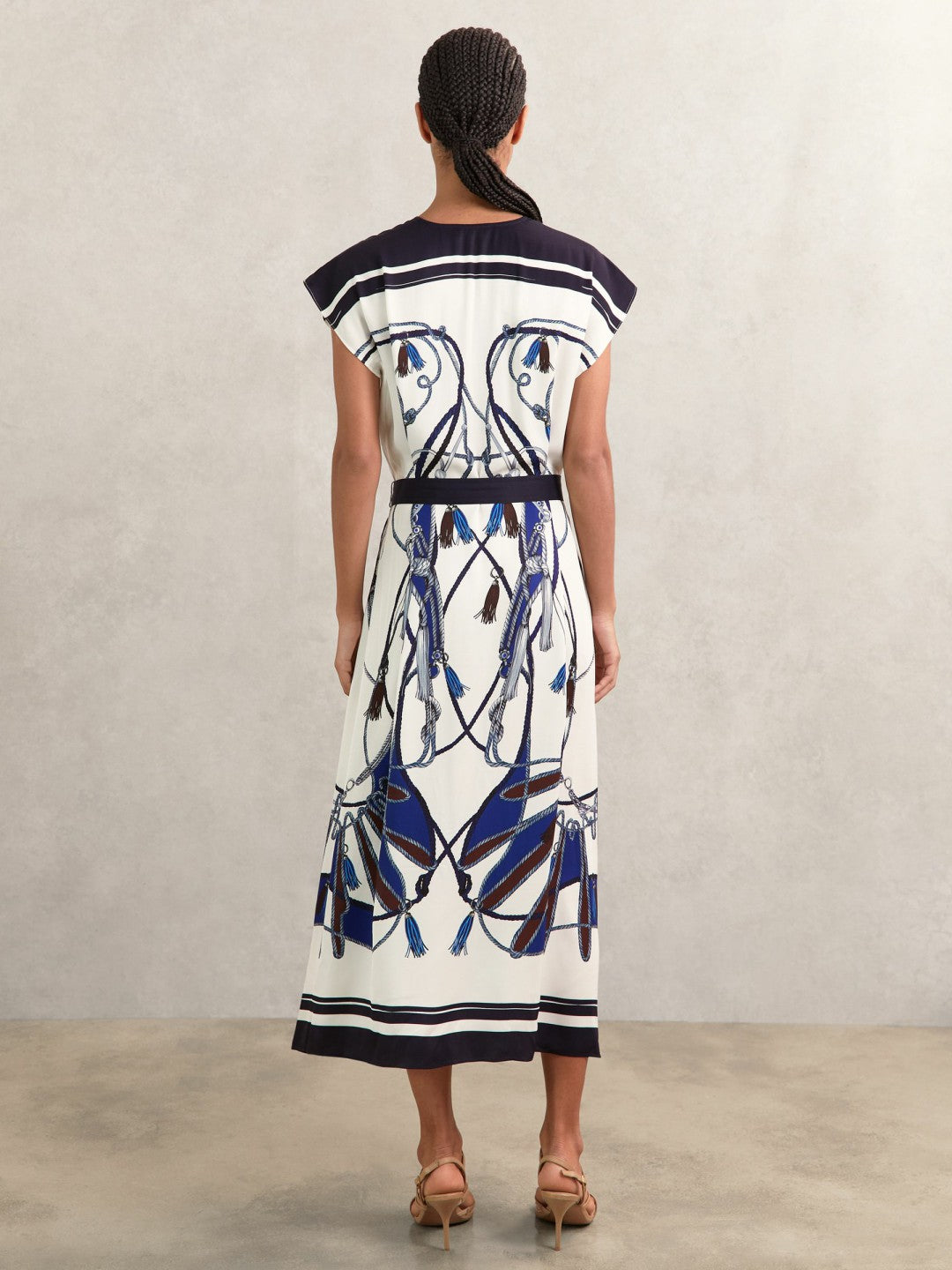 Reiss Sale - Scarf-Print V-Neck Belted Midi Dress in Blue/Brown