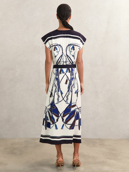 Reiss Sale - Scarf-Print V-Neck Belted Midi Dress in Blue/Brown