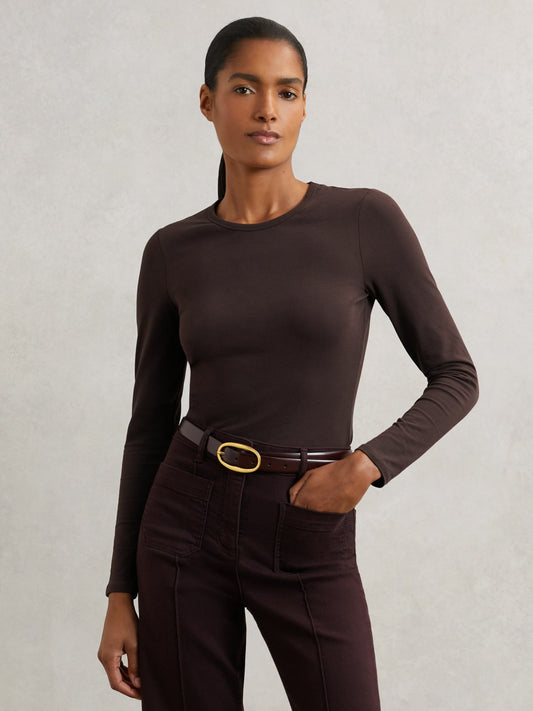 Reiss Popular Choice - Cotton Crew-Neck Long-Sleeve T-Shirt With Stretch in Plum Purple