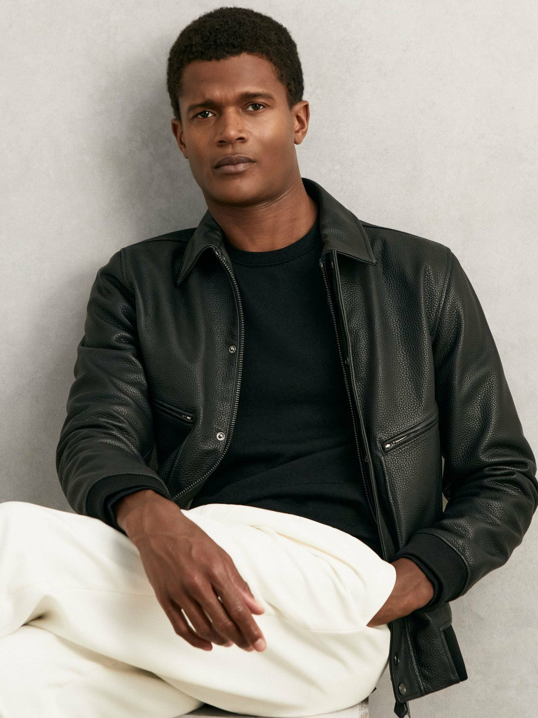 Reiss Grained Leather Zip Through Jacket in Black
