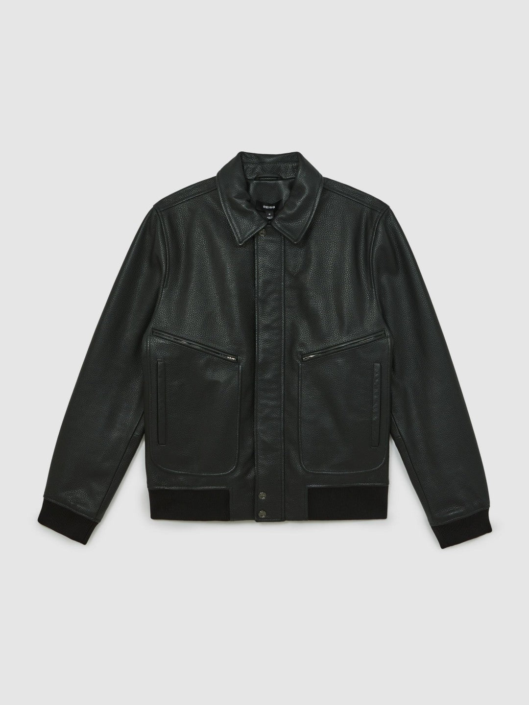 Reiss Grained Leather Zip Through Jacket in Black