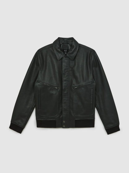 Reiss Grained Leather Zip Through Jacket in Black