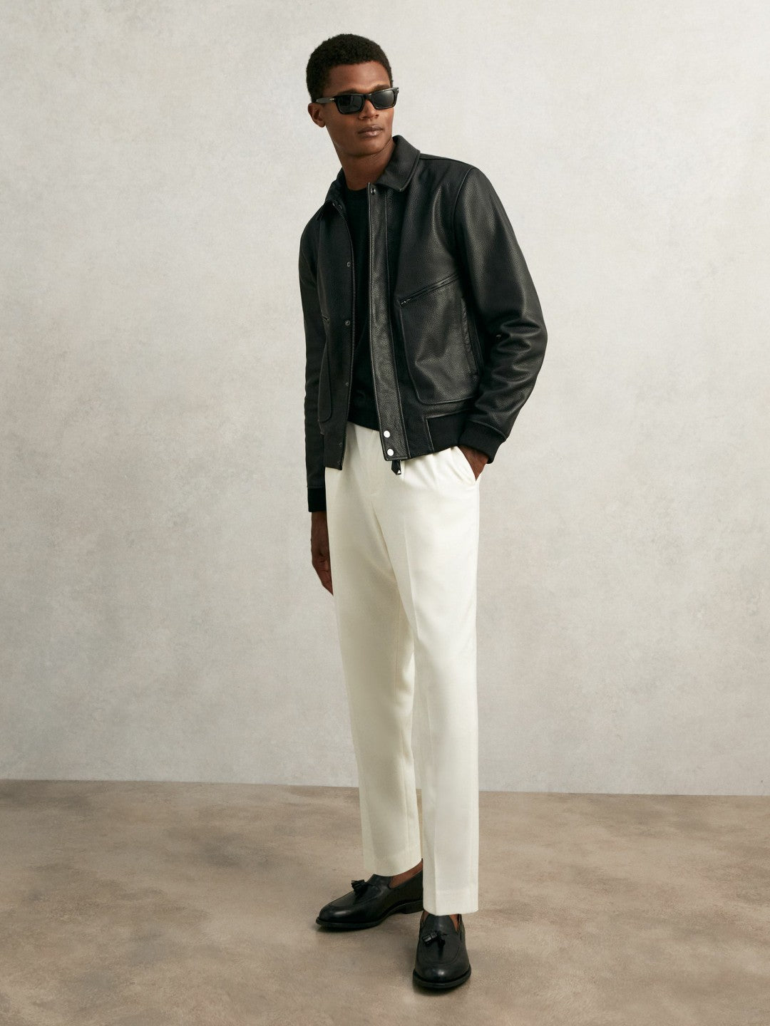 Reiss Grained Leather Zip Through Jacket in Black