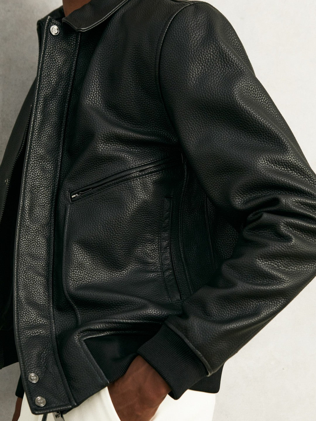 Reiss Grained Leather Zip Through Jacket in Black