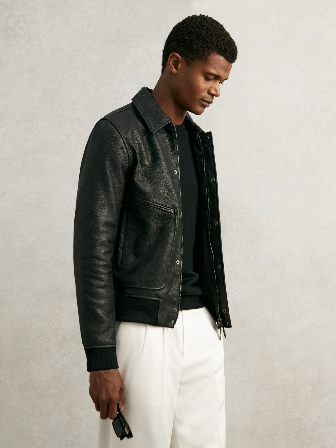 Reiss Grained Leather Zip Through Jacket in Black
