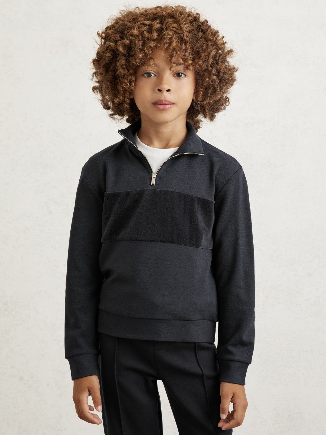 Reiss Value - 9-13 yrs Slim Fit Half-Zip Funnel Neck Velour Sweatshirt in Navy Blue