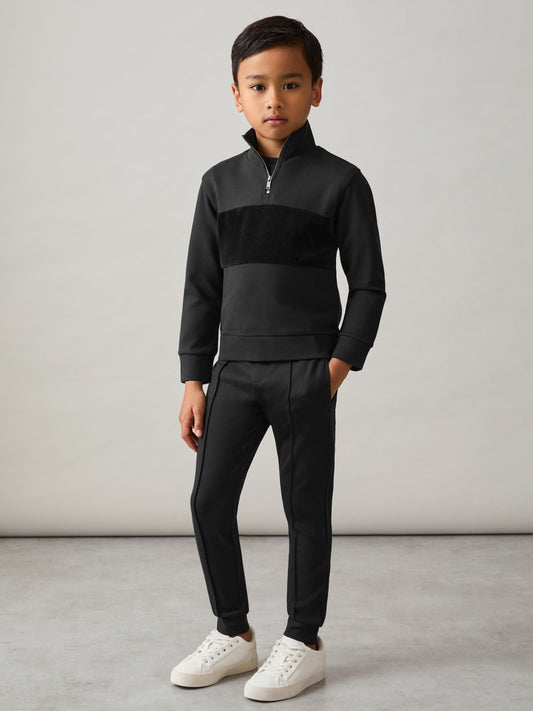Reiss Sale - 3-9 yrs Interlock Velour-Panel Zip Sweatshirt in Black