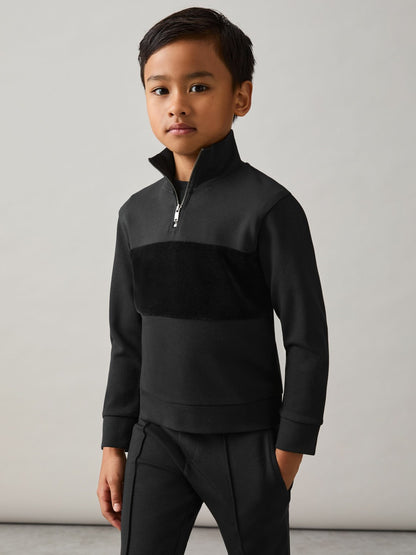 Reiss Sale - 3-9 yrs Interlock Velour-Panel Zip Sweatshirt in Black