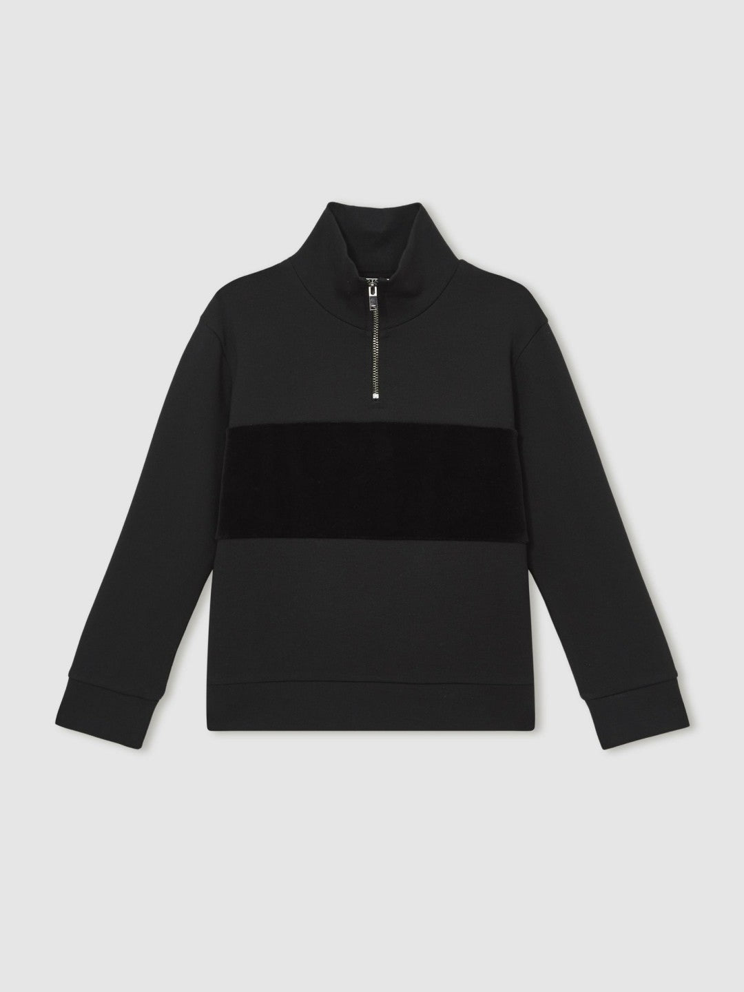 Reiss Sale - 13-14 yrs Slim Fit Half-Zip Funnel Neck Velour Sweatshirt in Black