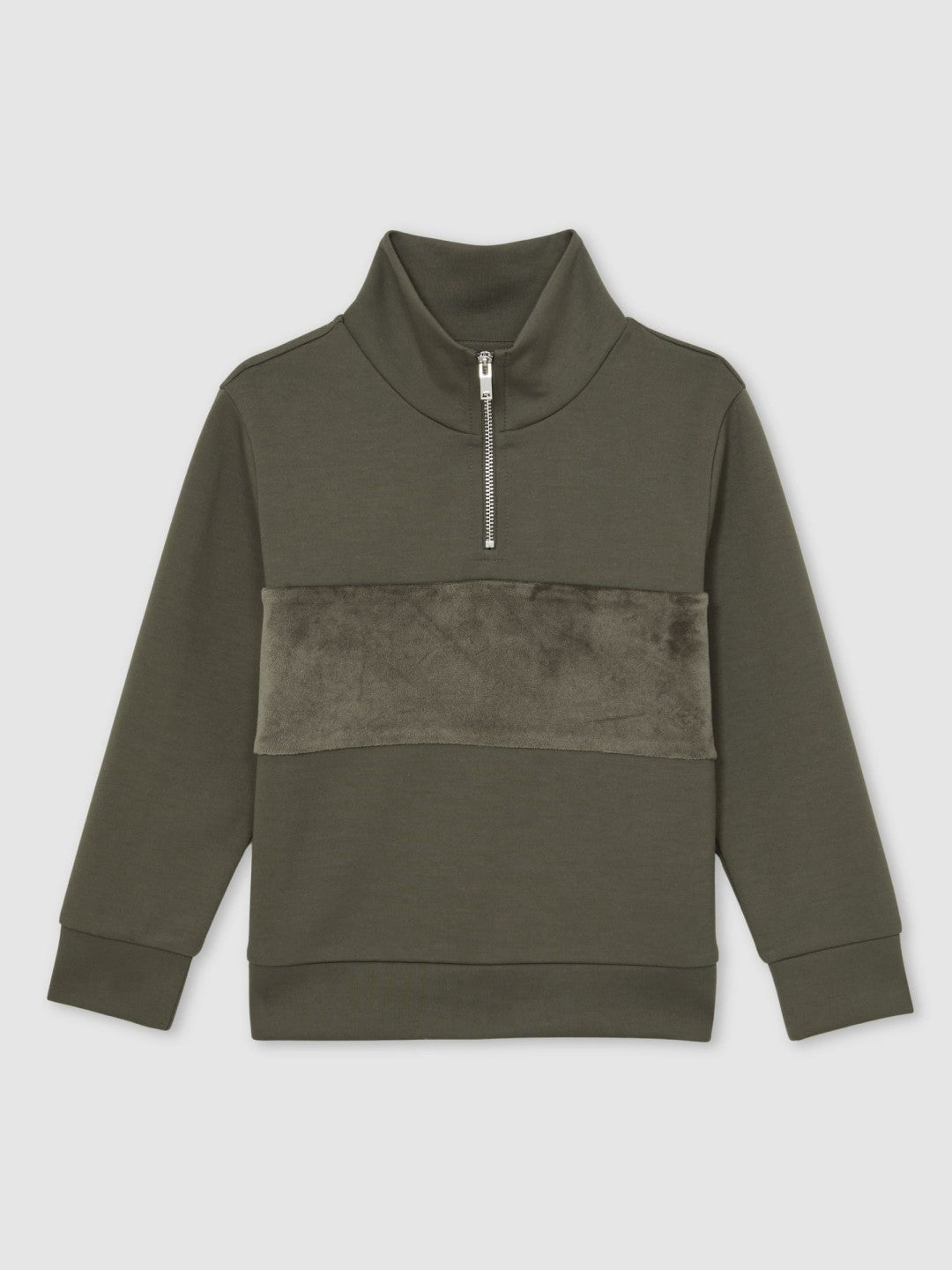 Reiss Savings - 3-9 yrs Slim Fit Half-Zip Funnel Neck Velour Sweatshirt in Dark Sage Green