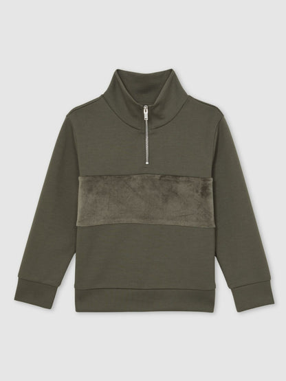 Reiss Savings - 3-9 yrs Slim Fit Half-Zip Funnel Neck Velour Sweatshirt in Dark Sage Green
