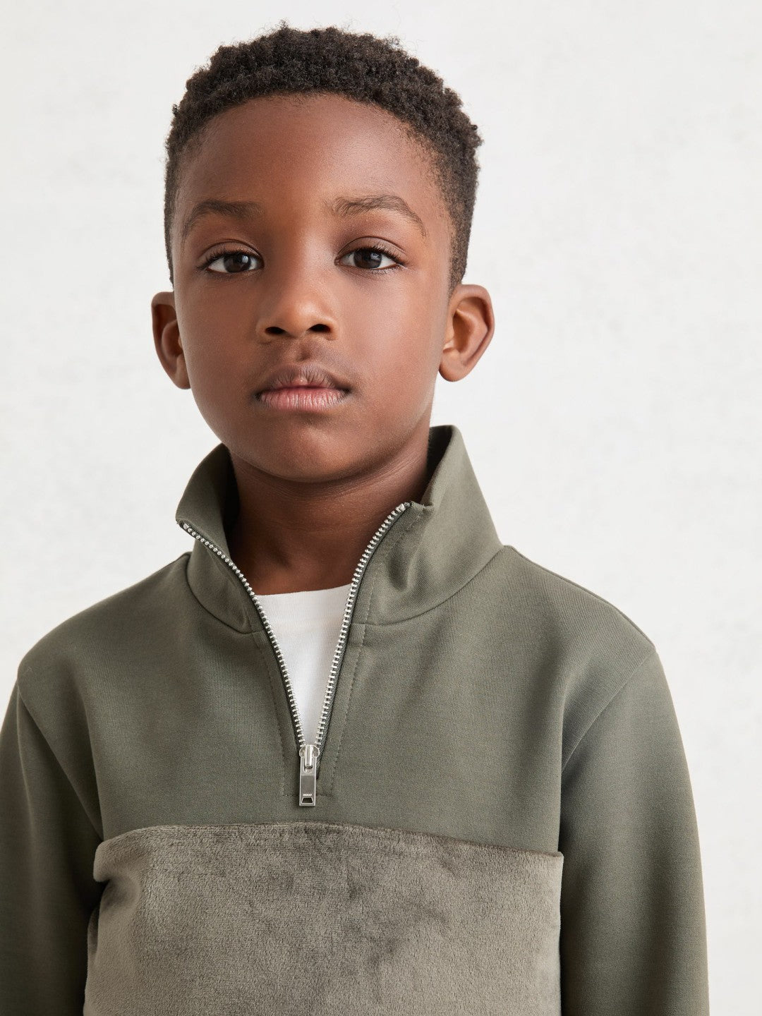 Reiss Savings - 3-9 yrs Slim Fit Half-Zip Funnel Neck Velour Sweatshirt in Dark Sage Green