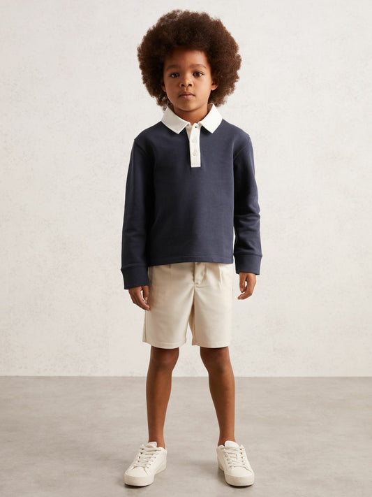 Reiss Cotton Half-Button Rugby Polo Shirt in Navy/White