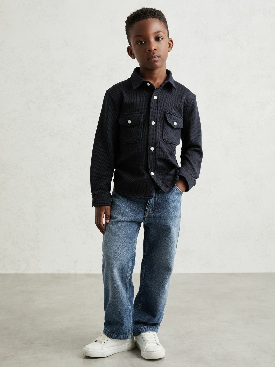 Reiss 3-9 yrs Waffle-Textured Twin-Pocket Overshirt in Navy