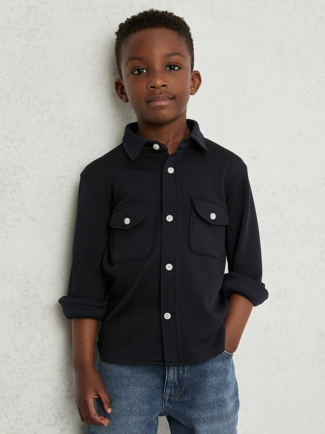 Reiss 3-9 yrs Waffle-Textured Twin-Pocket Overshirt in Navy