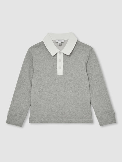 Reiss Value - Cotton Half Button Rugby Polo Shirt in Grey Marl/White