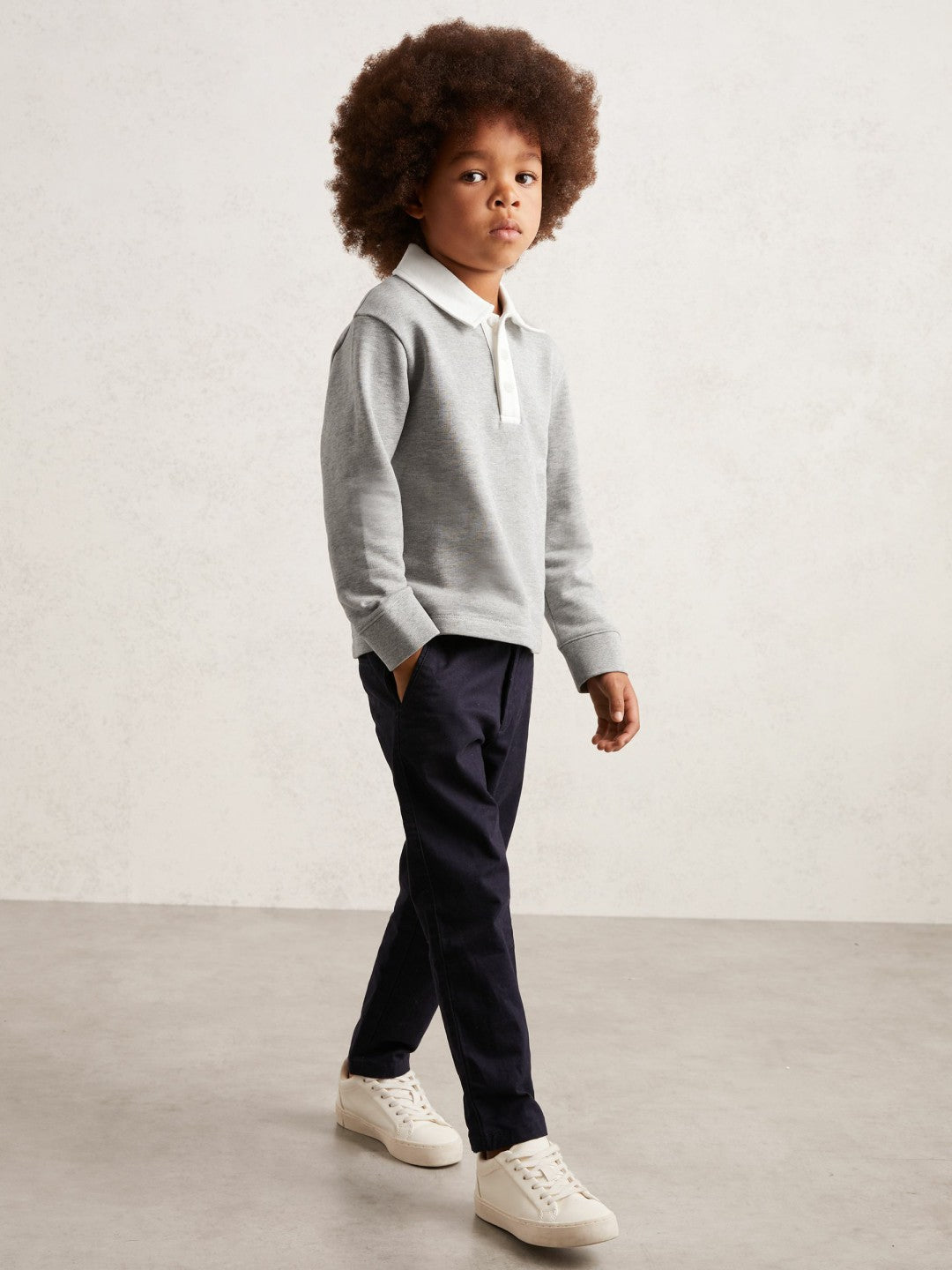 Reiss Value - Cotton Half Button Rugby Polo Shirt in Grey Marl/White
