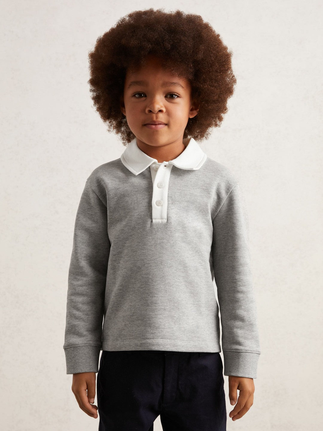 Reiss Value - Cotton Half Button Rugby Polo Shirt in Grey Marl/White