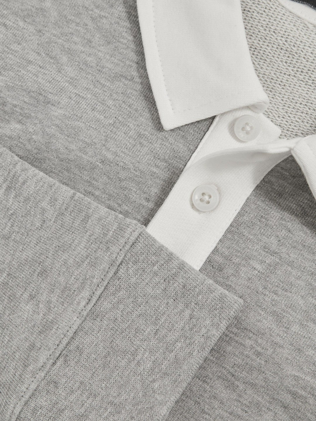 Reiss Value - Cotton Half Button Rugby Polo Shirt in Grey Marl/White