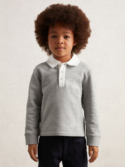 Reiss Offer - Cotton Half-Button Rugby Polo Shirt in Grey Marl/White