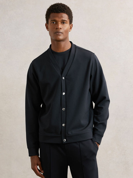 Reiss Deal - V-Neck Interlock Jersey Cardigan in Navy