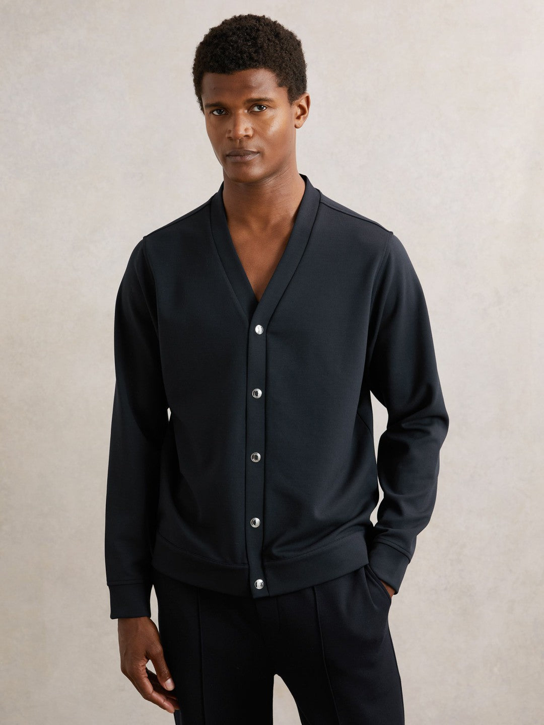Reiss Deal - V-Neck Interlock Jersey Cardigan in Navy